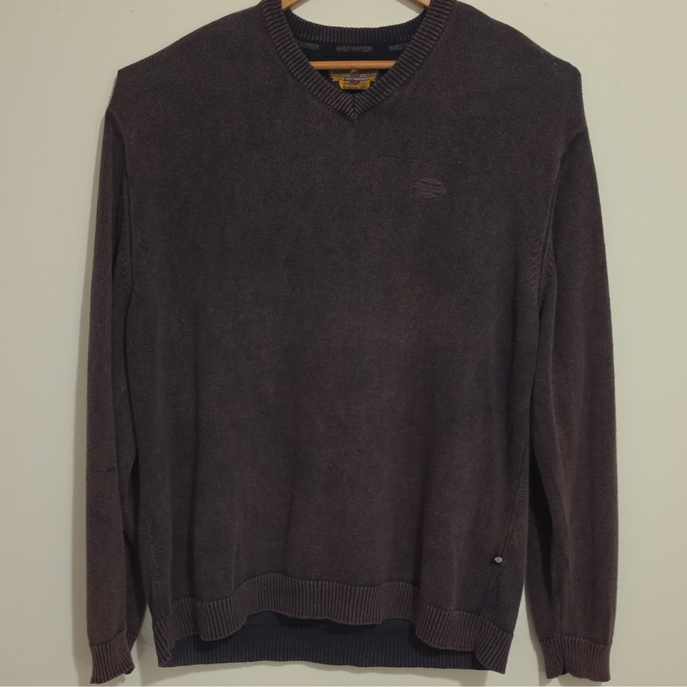 Vintage Harley-Davidson Men's XXL Brown Tight-Knit V-Neck Pullover Sweater.